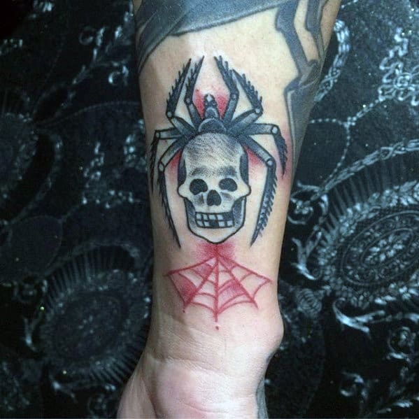 Wrist Mens Traditional Spider Skull Web Tattoos
