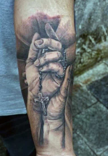Wrist Praying Hands And Cross Tattoos For Men