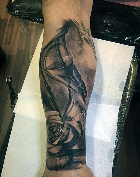 Wrist Tattoo Of Rose And Hourglass For Men