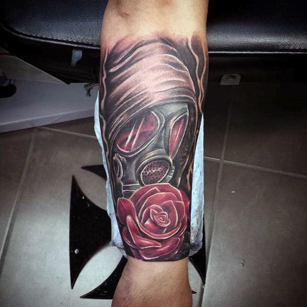 Wrist Tattoo Of Rose Flower And Gas Mask For Males