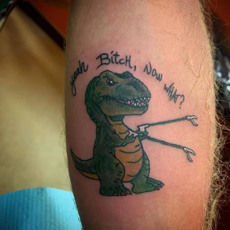 Top 134 Best Funny Tattoos 2021 Inspiration Guide   Yeah Bitch Now What Dinosaur Sleeve Funny Tattoo 768x768 