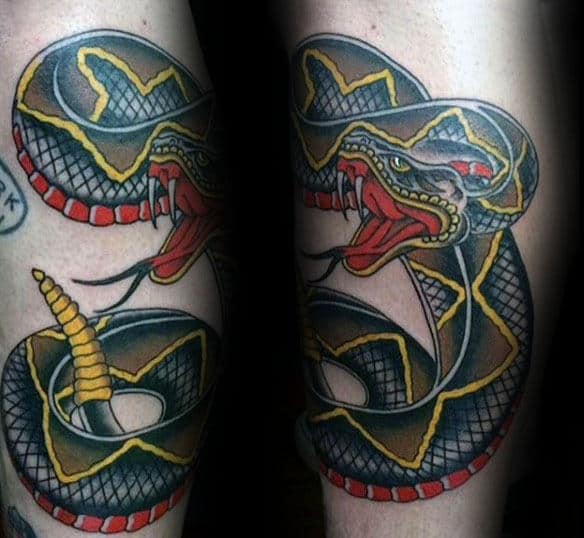 Yellow And Black Rattlesnake Mens Arm Tattoos