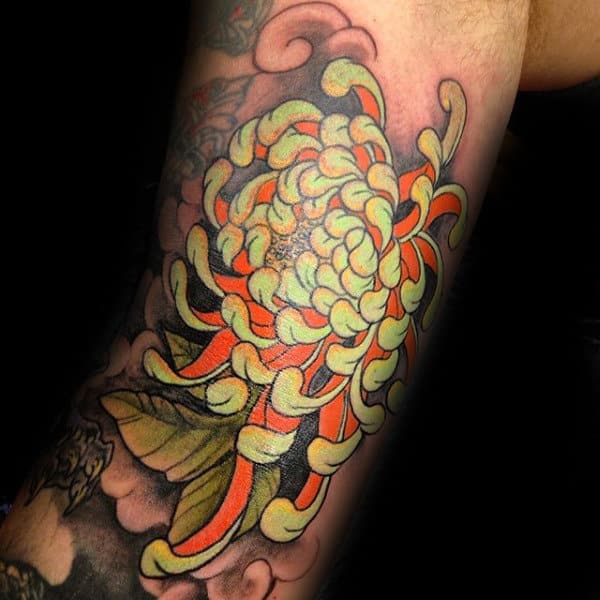 Yellow And Orange Chrysanthemum Inner Arm Male Tattoos