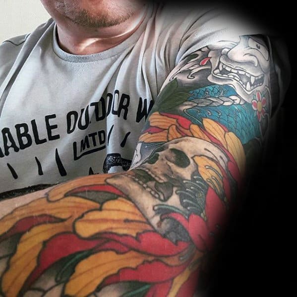 Yellow And Red Flower With Skull Japanese Male Sleeve Tattoo