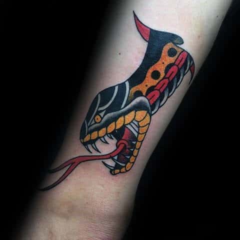 Yellow Black And Red Ink Male Traditional Forearm Tattoos