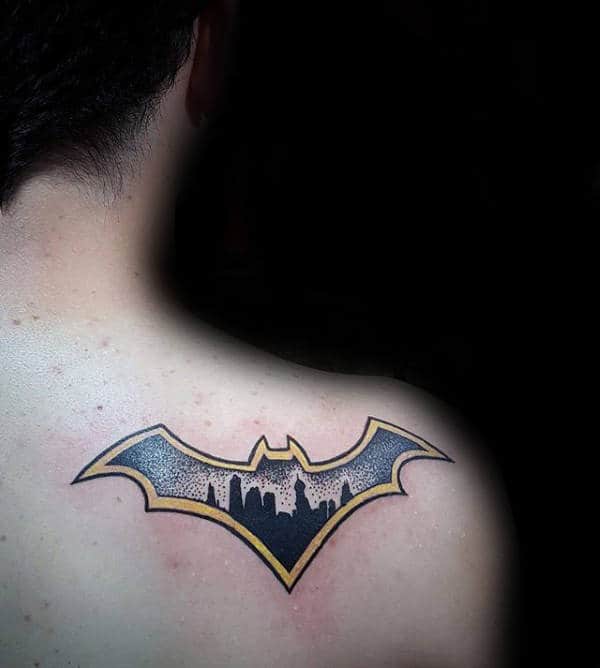 Yellow City Skyline Batman Symbol Mens Shoulder Tattoo