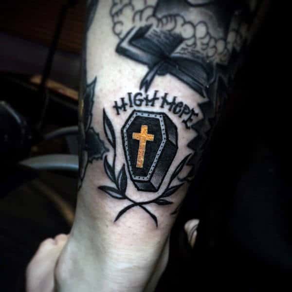 Yellow Cross Coffin Design With High Hopes Mens Leg Tattoo