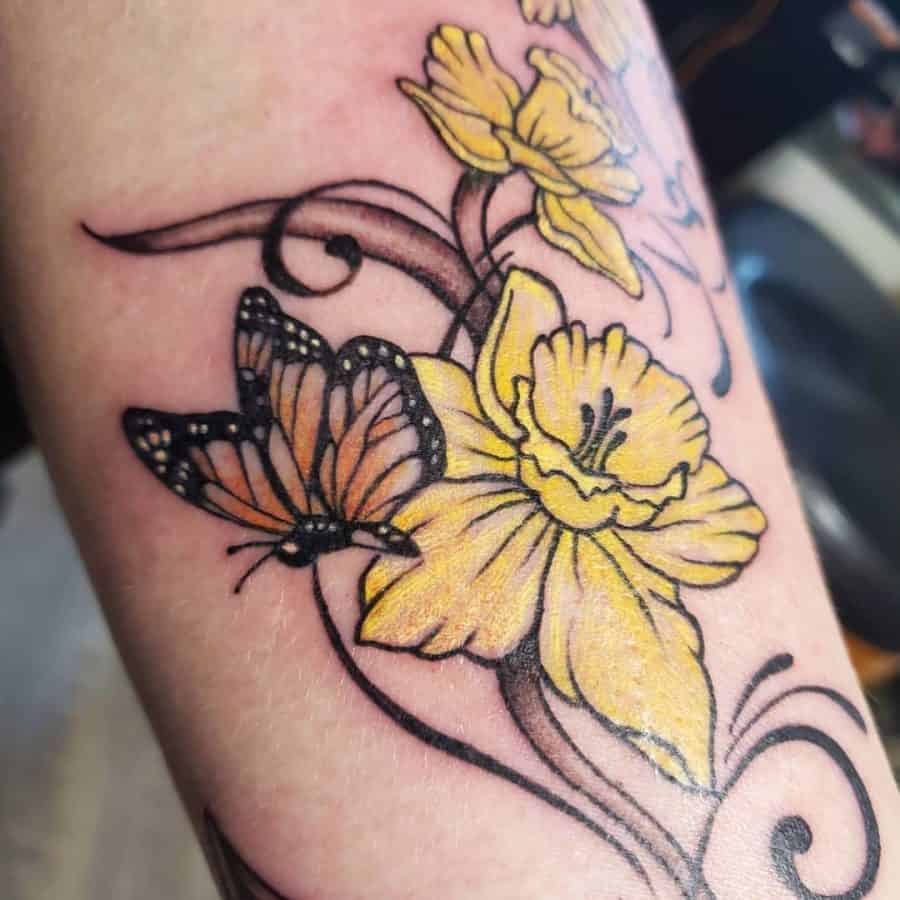 Yellow Flowers Black And Gray Plant Orange Butterfly Color Daffodil Tattoo
