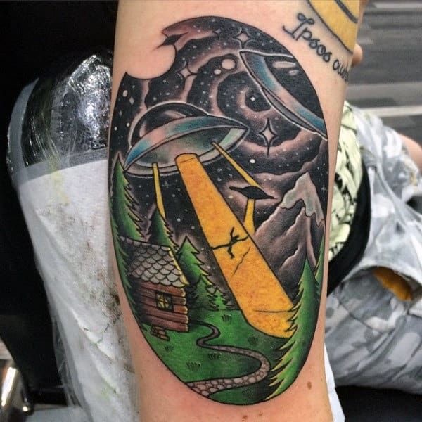 Yellow Rays From Ufo Tattoo Mens Forearms