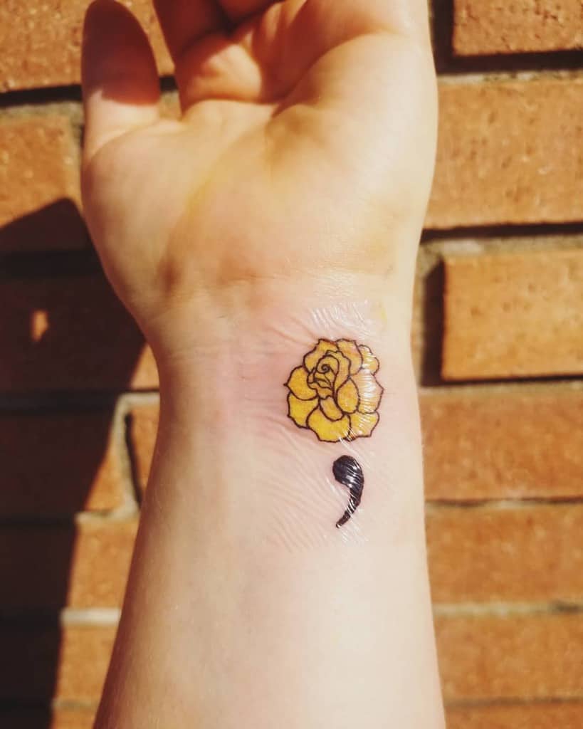 Yellow Rose Tiny Semicolon Tattoo