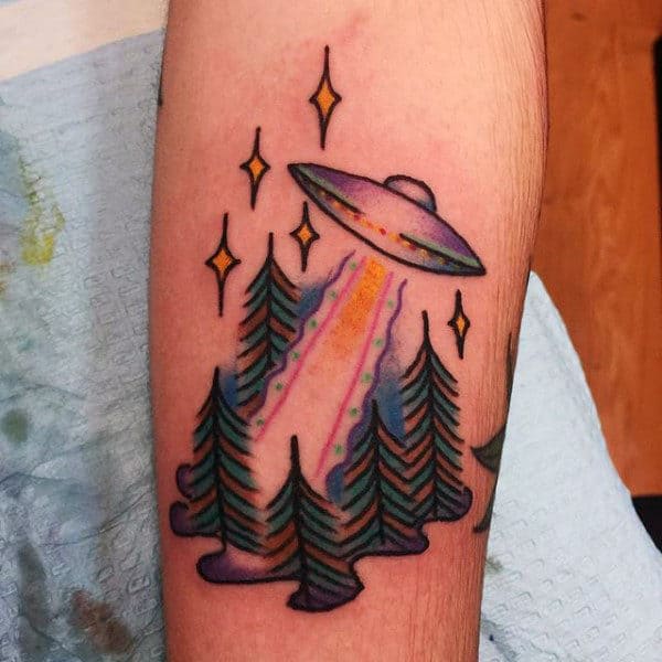 Yellow Stars And Ufo Tattoo Mens Arms
