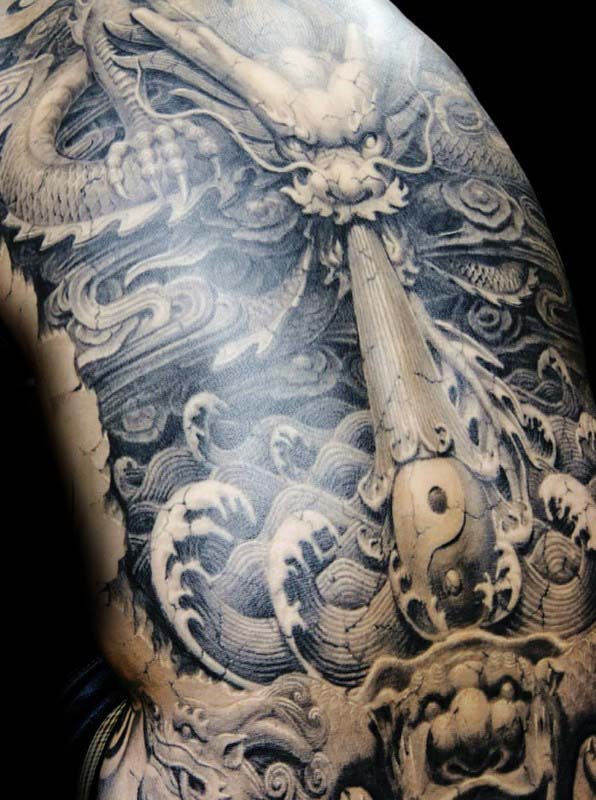 Yin Yang Mens Full Back Detailed Dragon Stone Tattoo Designs