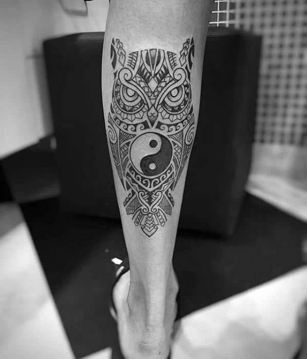 Yin Yang Tribal Owl Back Of Leg Tattoos For Men