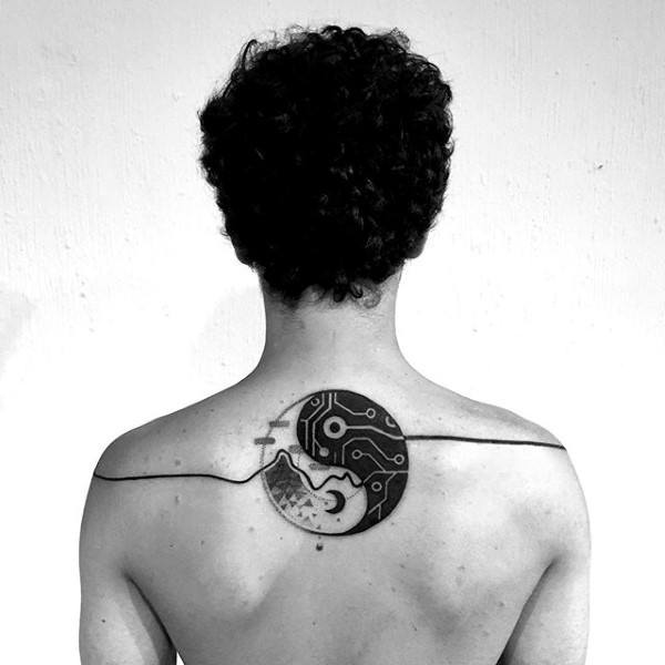Yin Yang Unique Tattoos For Men On Upper Back With Circuit Board Design