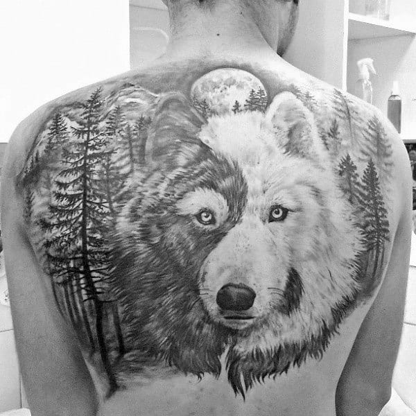 Yin Yang Wolf Mens Forest Upper Back Tattoos