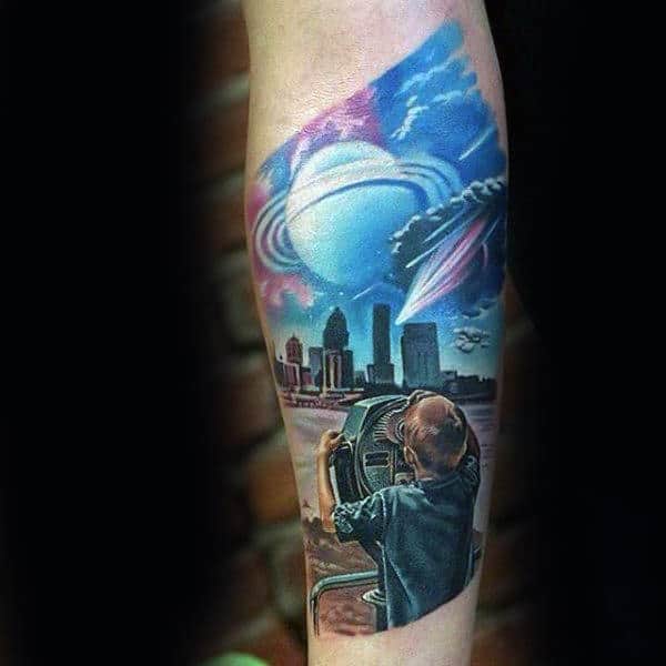 Young Male Looking Through Telescope Mens Tattoo Tattoo With City Skyline Background