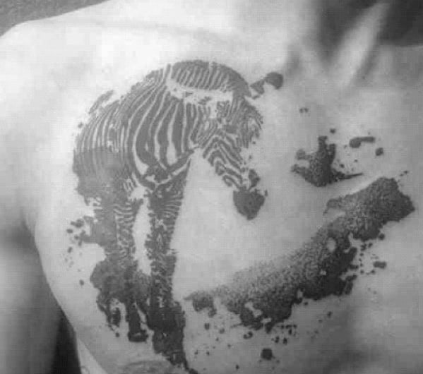 Zebra With Map Mens Dotwork Chest Tattoo Designs