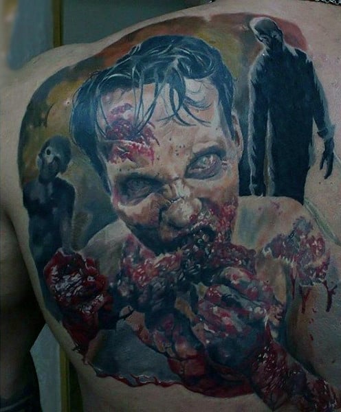 Zombies Walking And Eating Brains Mens Back Of Shoulder Tattoo